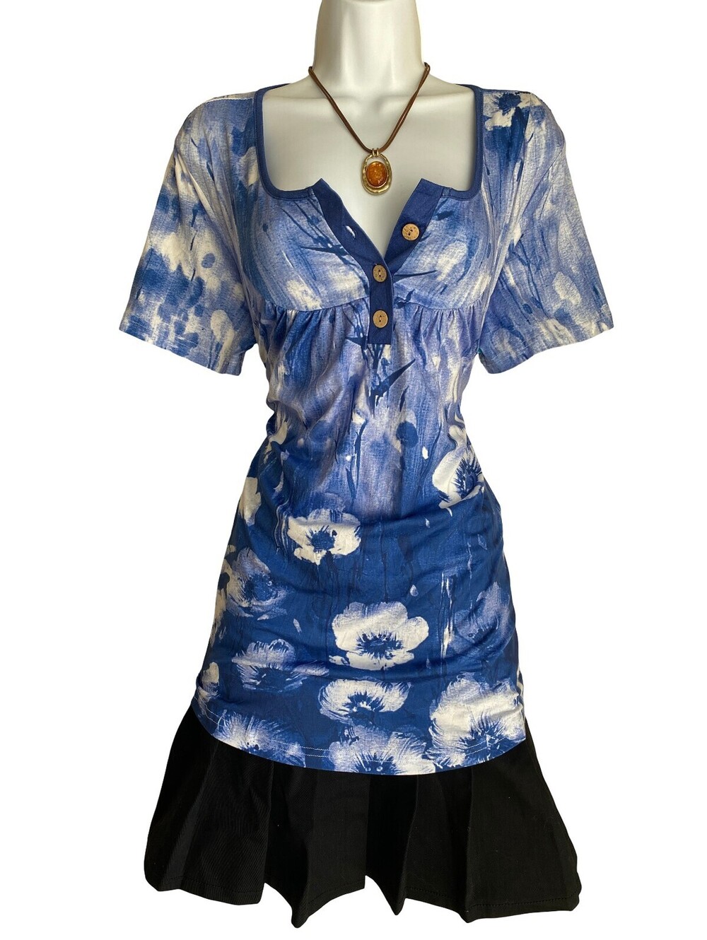 Plus Size XL Blue Floral Button Up Babydoll Front Tunic Blouse Boho Cottagecore